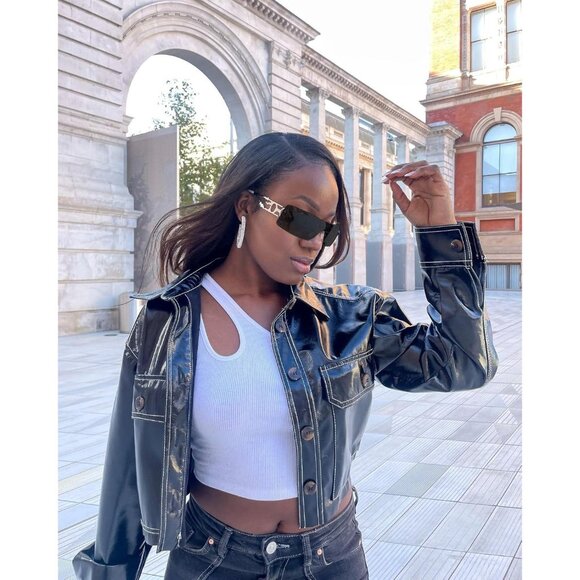 Rimless Y2K Rectangle Black Sunglasses for Women and Men Vintage Retro Eyewear - Picture 4 of 7